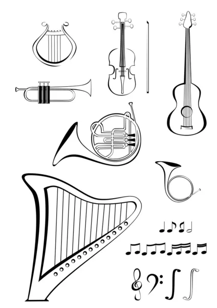 Violin, quitar, lyre, French horn, trumpet, harp and notes — Stock Vector