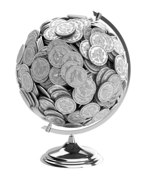 Geschenk für Geschäftsmann Globus von Münzen isoliert auf wh — Stockfoto