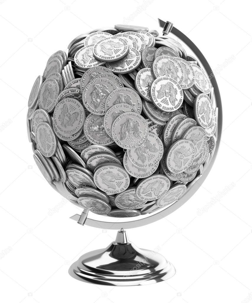 Gift for businessman Globe of coins isolated on wh