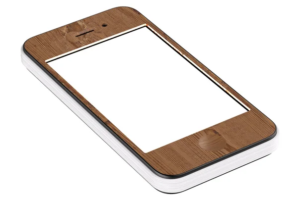 Téléphone portable à écran tactile intelligent en bois stylisé dans un bloc-notes en papier avec écran blanc (isolé sur blanc ) — Photo