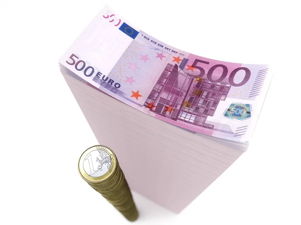 Pile de billets et pièces en euros sur blanc isolé — Photo