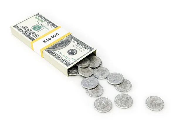 美国美元的钱被隔绝在白色背景上的一盒 — 图库照片