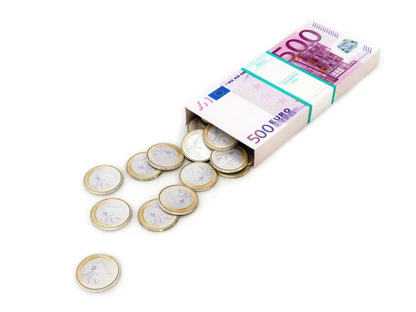 Разбросанные деньги из большой бизнес-коробки (изолированные на белом ) — стоковое фото