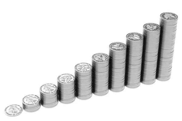 Pilhas de moedas de prata dos EUA isoladas em branco — Fotografia de Stock