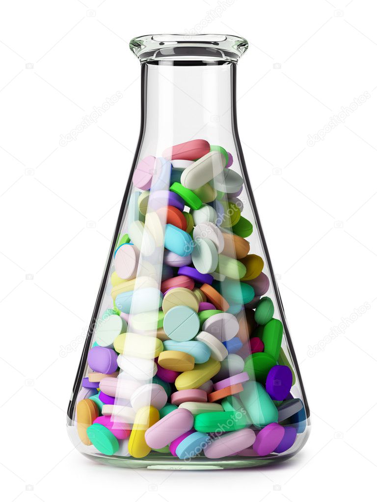 colored tablets in the Erlenmeyer flask on isolated white background