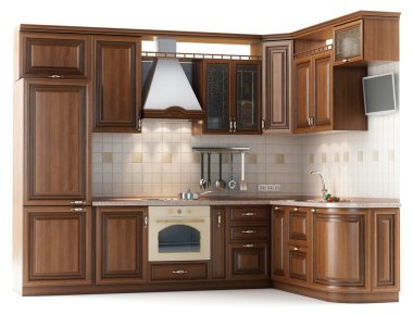 Hard wood kitchen in white studio clipart