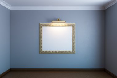 Grey gallery room with classic blank frame on wall clipart