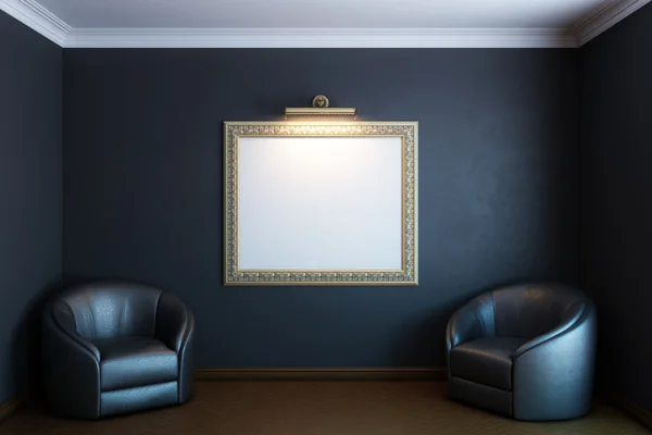 Černá galerie interiér s koženými křesly — Stock fotografie