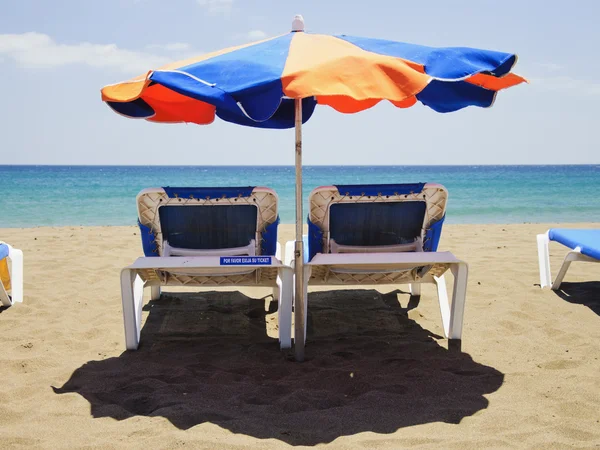 stock image Beach umbrella and deckchairs