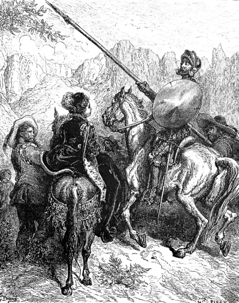 Don Quixote agrees to slay a giant for Dorotea — Stock Photo, Image