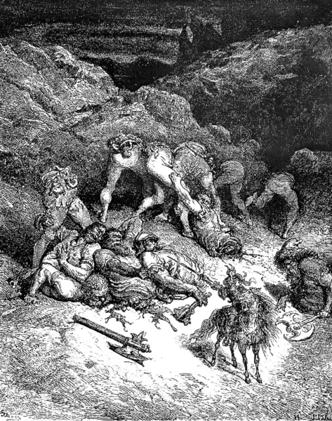 An exploit of Felixmarte of Hyrcania: chopping five giants — Stock Photo, Image