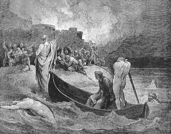 Virgil rebukes Plutus at the entrance to the fourth circle — Stock Photo, Image