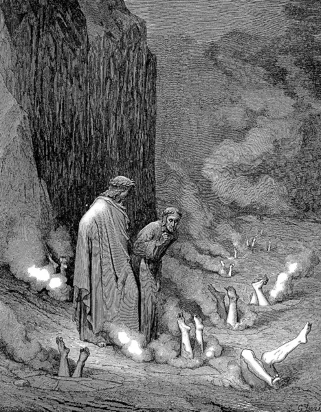 Dante rimprovera Papa Nicola III nella quarta bolgia Immagine Stock