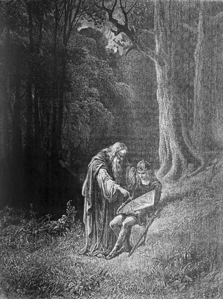 Merlin målar unga riddarens sköld — Stockfoto