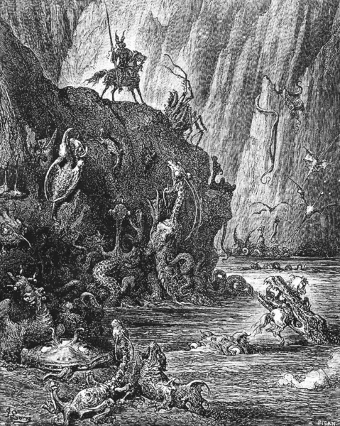 Rycerz dochodzi do jeziora wrzącej paki zamieszkane przez makabryczne potwory — Zdjęcie stockowe