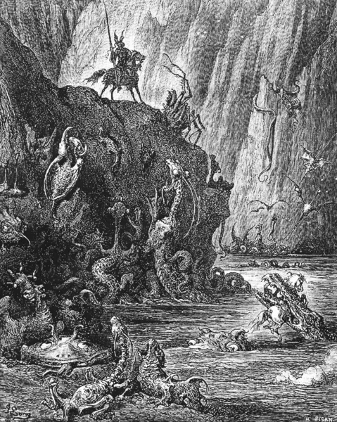 Ein Ritter kommt an einen See aus siedendem Pech, der von grausamen Monstern bewohnt wird — Stockfoto