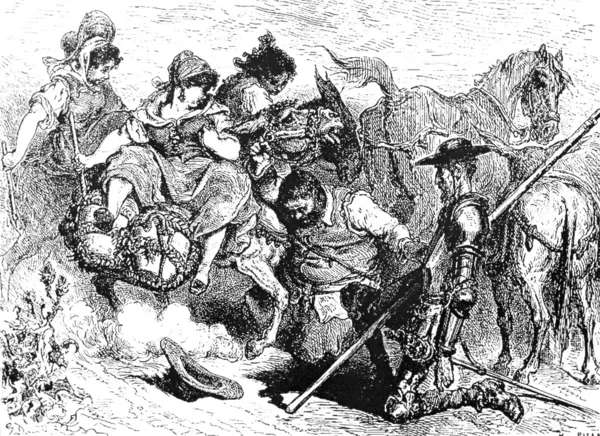 Sancho e Don Quijote com as três meninas da aldeia — Fotografia de Stock