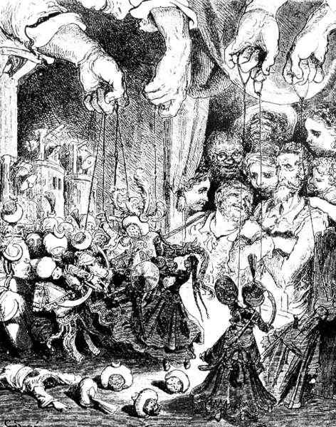 Дон Кихот очарован марионетками мастера Педро. — стоковое фото