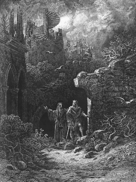 Yniol ukazuje princ geraint jeho zřícenina hradu Stock Snímky
