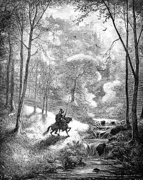 Dopo essersi tuffato nel lago bollente, il cavaliere si ritrova in una bella campagna Immagini Stock Royalty Free