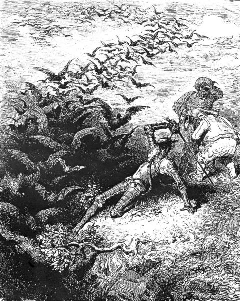 Raben und Fledermäuse schwärmen, während Don Quichote einen Gang in die Höhle der Montesions hackt Stockbild