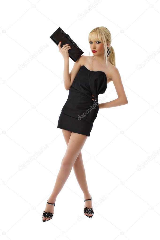 Young stunning blonde lady in black little dress holding a purse