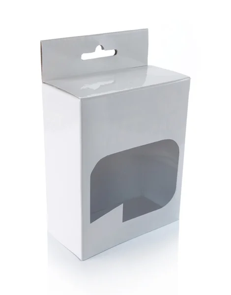 Белая коробка с прозрачным пластиковым окном — стоковое фото