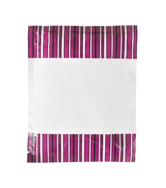 Embalagem de folha branca em branco com faixa roxa — Fotografia de Stock