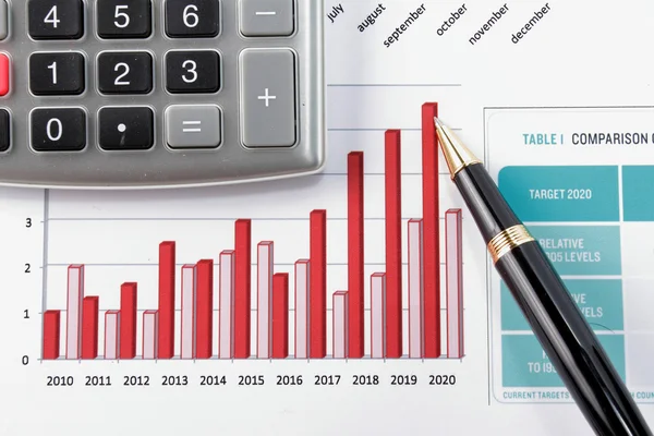 Pen showing diagram on financial report — Stock Photo, Image