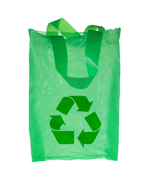 Saco de plástico verde com símbolo de reciclagem — Fotografia de Stock