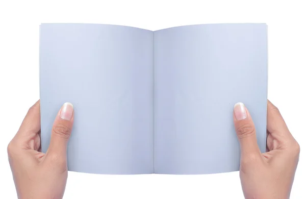 Revista en blanco abierta a mano aislada en blanco — Foto de Stock