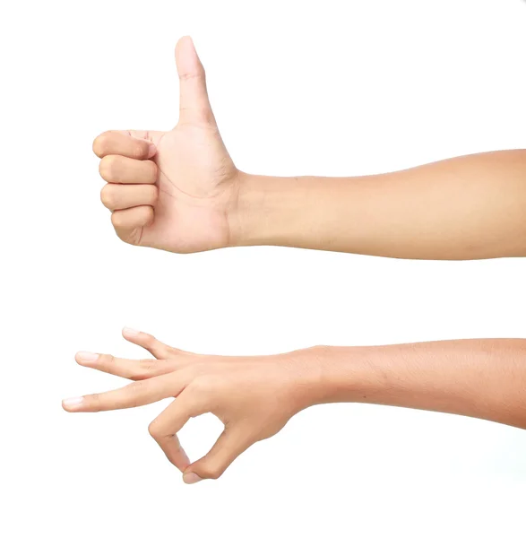 Mani maschili che mostrano i pollici su segno e pizzico — Foto Stock