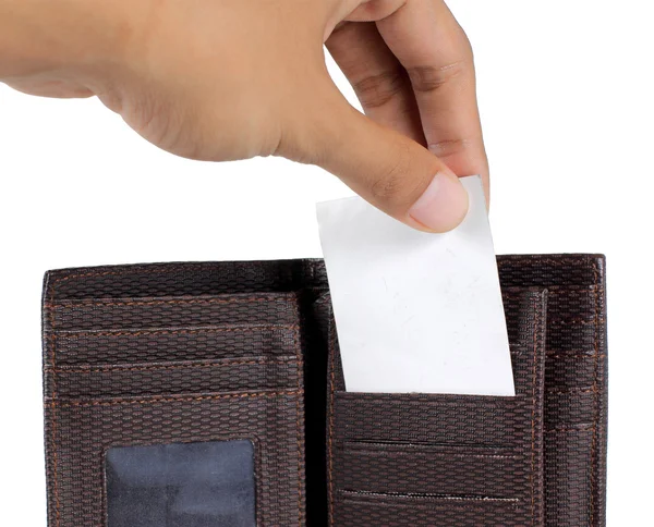 Hand ta kort inne brun plånbok — Stockfoto