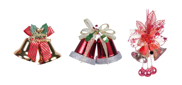 Trois cloches de Noël avec un ruban rouge — Photo
