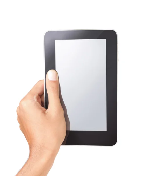 Tenendo in mano un tablet touchpad, isolato su bianco — Foto Stock