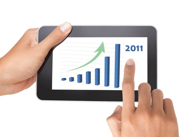 Hand schiebt Aktienwachstum auf Tablet-PC, isoliert auf Weiß — Stockfoto