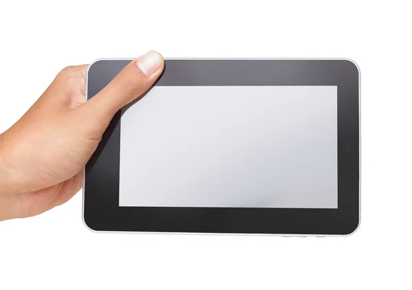 Una mano maschile che tiene un pc touchpad, un dito tocca lo schermo — Foto Stock