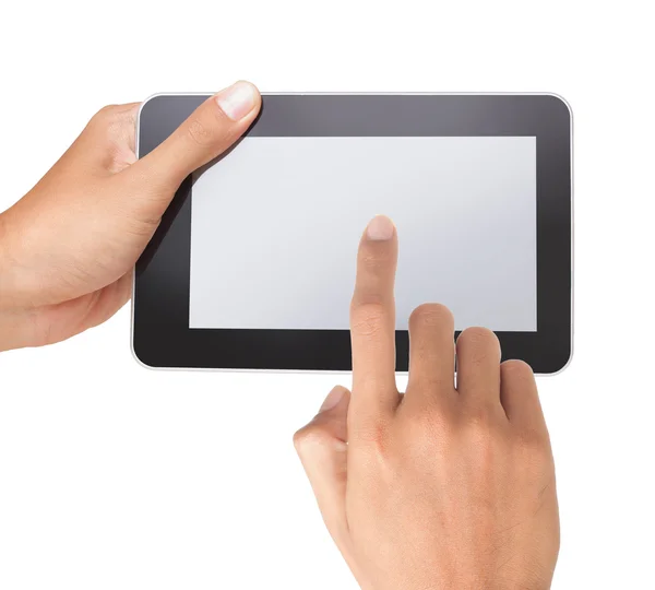 Mužské ruky držící touchpad pc, jeden prst dotýká obrazovky — Stock fotografie