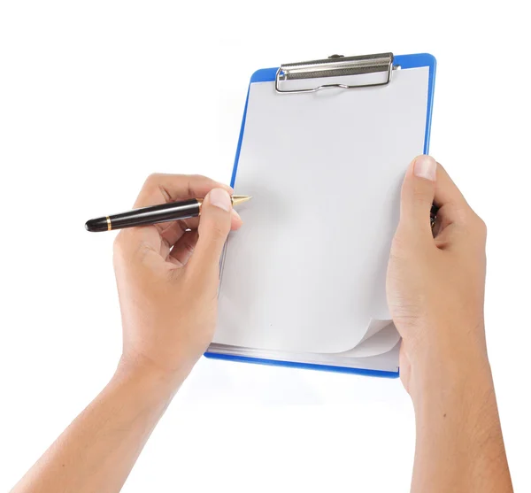 Hands with sheet of paper on clipboard Royalty Free Stock Photos
