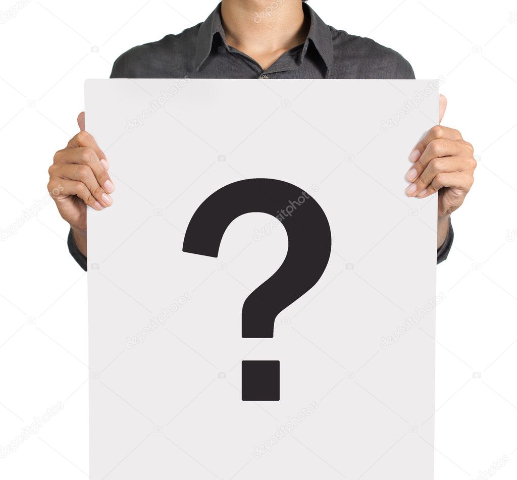 Young man and question mark on white board