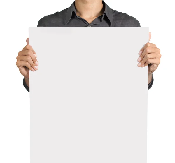 Homem segurando uma placa branca em branco — Fotografia de Stock