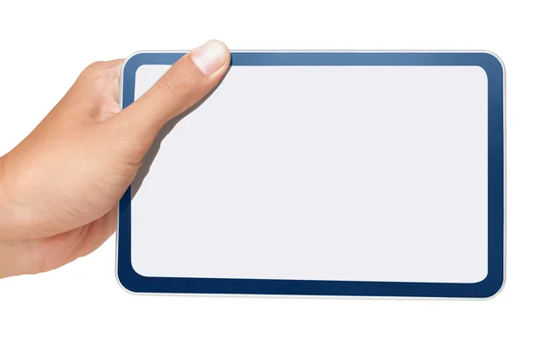 En manlig hand håller en touchpad pc, ett finger rör vid skärmen — Stockfoto