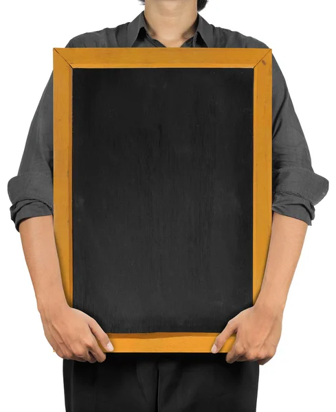 Man holding a blank blackboard — Stock Photo, Image