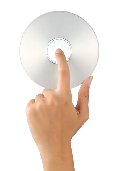 Mão segurando branco em branco CD DVD — Fotografia de Stock