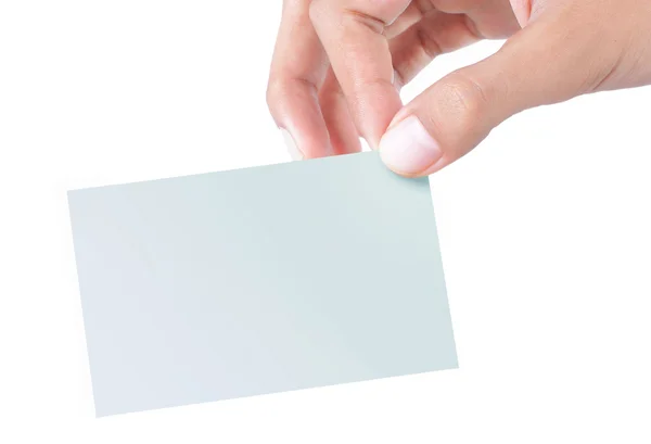 Hand mit einer leeren weißen Karte isoliert — Stockfoto
