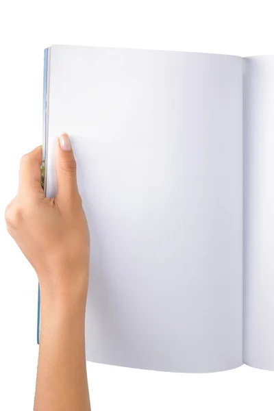 Hand open blank magazine isolated on white — Stock Photo, Image