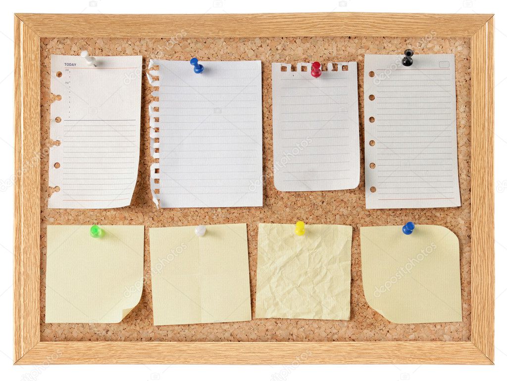 Collection of note papers on cork board