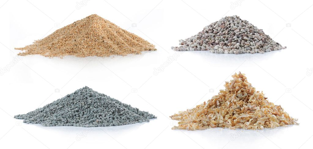 Pile of sand, pine wood, green carbon and rock
