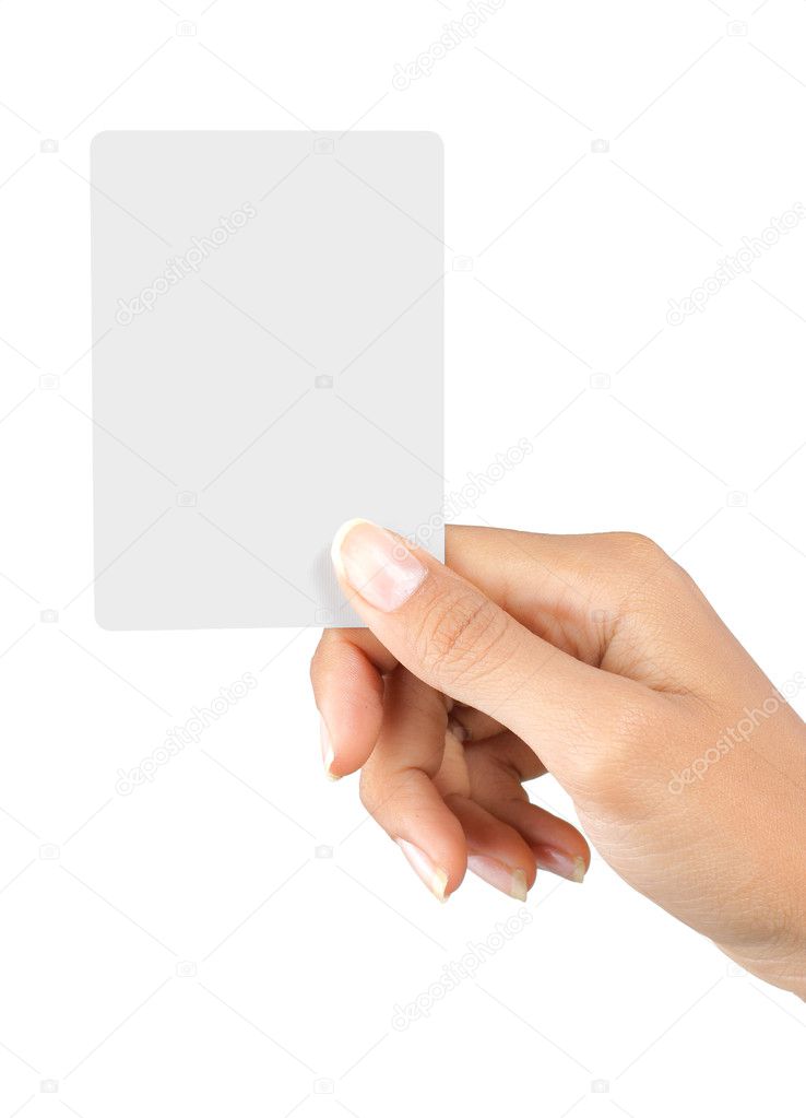 Hand and a card isolated on white