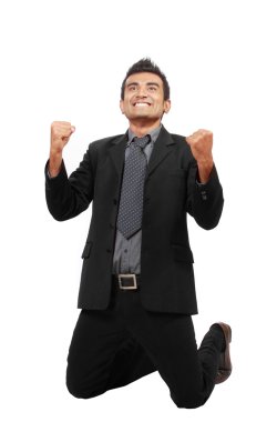 Successful businessman raise his hands, celebrating a win. clipart